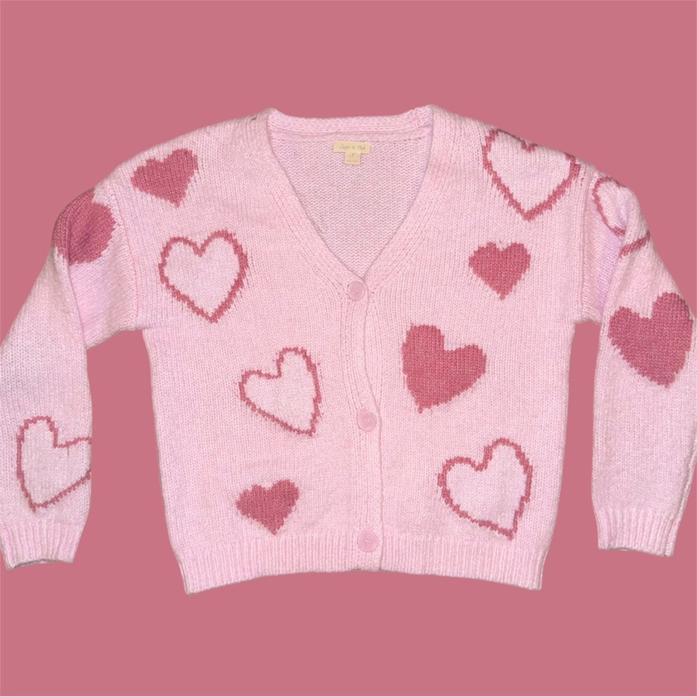 Women’s Sage & Oak Pink V-Neck Long Sleeve Cardigan Heart Jacquard Pattern S